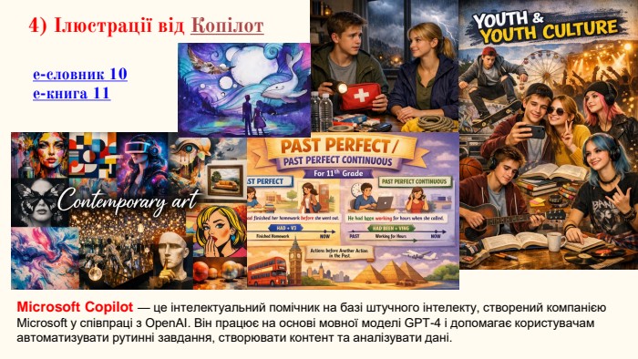 4) Ілюстрації від Копілоте-словник 10е-книга 11 Microsoft Copilot — це інтелектуальний помічник на базі штучного інтелекту, створений компанією Microsoft у співпраці з Open. AI. Він працює на основі мовної моделі GPT-4 і допомагає користувачам автоматизувати рутинні завдання, створювати контент та аналізувати дані.