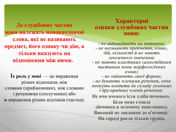До службових частин мови належать неповнозначні слова, які не називають предмет, його ознаку чи дію, а тільки вказують на відношення між ними.  Їх роль у мові  — це вираження різних відношень між словами (прийменники), між словами і реченнями (сполучники) або ж вираження різних відтінків (частки). Характерні ознаки службових частин мови:- не відповідають на питання;- не називають предметів, ознак, дій, кількості й не мають лексичного значення;- не мають властивих самостійним частинам мови морфологічних ознак;- не змінюють своєї форми;- не бувають членами речення, хоча можуть входити до складу головних і другорядних членів речення: Не вчи вченого їсти хліба печеного. Біля мене стояла дівчинка в зеленому капелюшку. Виконай це завдання до п'ятниці. На городі росла тільки груша.