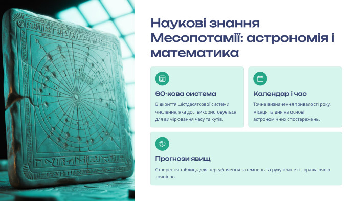  Наукові знання Месопотамії: астрономія і математика 60-кова система. Відкриття шістдесяткової системи числення, яка досі використовується для вимірювання часу та кутів. Календар і час. Точне визначення тривалості року, місяця та дня на основі астрономічних спостережень. Прогнози явищ. Створення таблиць для передбачення затемнень та руху планет із вражаючою точністю.