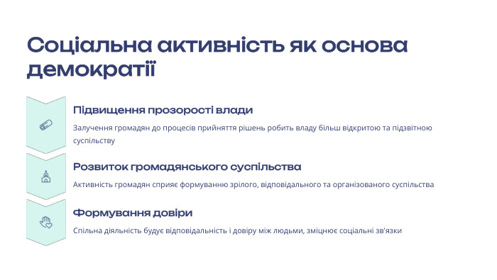 Соціальна активність як основа демократії Підвищення прозорості влади. Залучення громадян до процесів прийняття рішень робить владу більш відкритою та підзвітною суспільству Розвиток громадянського суспільства. Активність громадян сприяє формуванню зрілого, відповідального та організованого суспільства Формування довіри. Спільна діяльність будує відповідальність і довіру між людьми, зміцнює соціальні зв'язки