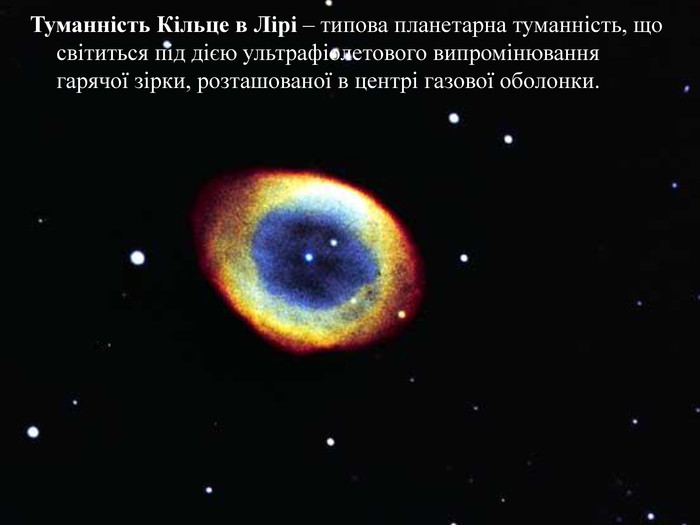 Туманність Кільце в Лірі – типова планетарна туманність, що світиться під дією ультрафіолетового випромінювання гарячої зірки, розташованої в центрі газової оболонки.  
