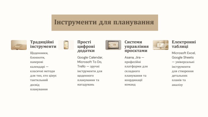 Інструменти для планування. Традиційні інструменти. Щоденники, блокноти, паперові календарі — класичні методи для тих, хто цінує тактильний досвід планування. Прості цифрові додатки. Google Calendar, Microsoft To Do, Trello — зручні інструменти для щоденного планування та нагадувань. Системи управління проєктами. Asana, Jira — професійні платформи для складного планування та координації команд. Електронні таблиціMicrosoft Excel, Google Sheets — універсальні інструменти для створення детальних планів та аналізу