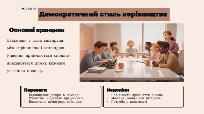 СТИЛЬ №2 Демократичний стиль керівництва. Основні принципи. Взаємодія і тісна співпраця між керівником і командою. Рішення приймаються спільно, враховується думка кожного учасника процесу. Переваги. Підвищення довіри в командіРозвиток ініціативи працівників. Позитивна атмосфера співпраціНедоліки. Повільність прийняття рішень. Можливі конфлікти інтересів. Потреба у консенсусі