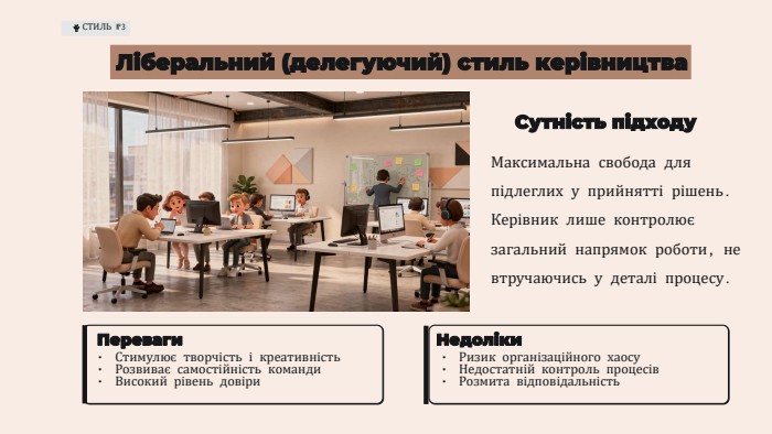 СТИЛЬ №3 Ліберальний (делегуючий) стиль керівництва. Сутність підходу. Максимальна свобода для підлеглих у прийнятті рішень. Керівник лише контролює загальний напрямок роботи, не втручаючись у деталі процесу. Переваги. Стимулює творчість і креативність. Розвиває самостійність команди. Високий рівень довіри. Недоліки. Ризик організаційного хаосу. Недостатній контроль процесів. Розмита відповідальність
