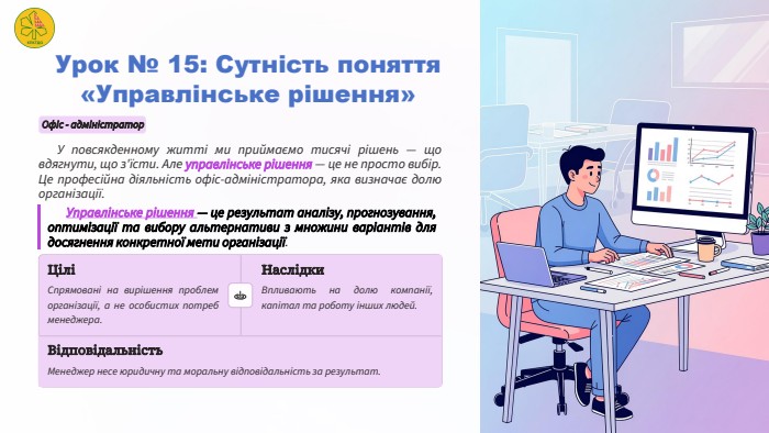 Урок № 15: Сутність поняття «Управлінське рішення»Офіс - адміністратор. У повсякденному житті ми приймаємо тисячі рішень — що вдягнути, що з'їсти. Але управлінське рішення — це не просто вибір. Це професійна діяльність офіс-адміністратора, яка визначає долю організації. Управлінське рішення — це результат аналізу, прогнозування, оптимізації та вибору альтернативи з множини варіантів для досягнення конкретної мети організації. ЦіліСпрямовані на вирішення проблем організації, а не особистих потреб менеджера. Наслідки. Впливають на долю компанії, капітал та роботу інших людей. Відповідальність. Менеджер несе юридичну та моральну відповідальність за результат.