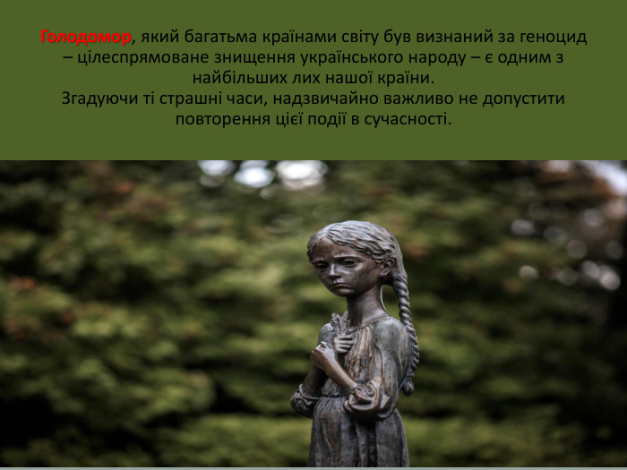Голодомор, який багатьма країнами світу був визнаний за геноцид – цілеспрямоване знищення українського народу – є одним з найбільших лих нашої країни. Згадуючи ті страшні часи, надзвичайно важливо не допустити повторення цієї події в сучасності.
