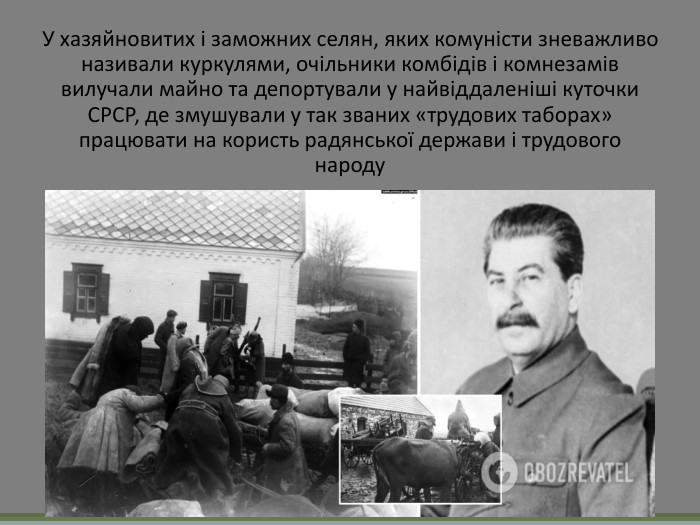 У хазяйновитих і заможних селян, яких комуністи зневажливо називали куркулями, очільники комбідів і комнезамів вилучали майно та депортували у найвіддаленіші куточки СРСР, де змушували у так званих «трудових таборах» працювати на користь радянської держави і трудового народу