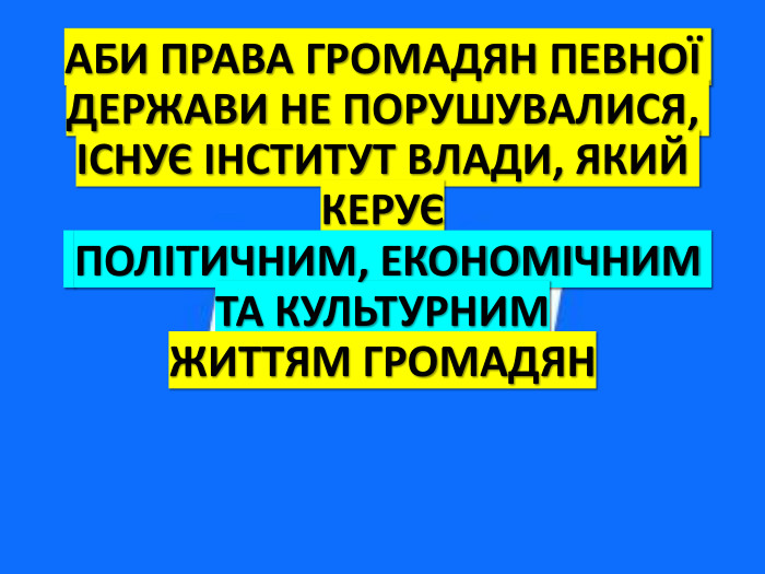 АБИ ПРАВА ГРОМАДЯН ПЕВНОЇ ДЕРЖАВИ НЕ ПОРУШУВАЛИСЯ, ІСНУЄ ІНСТИТУТ ВЛАДИ, ЯКИЙ КЕРУЄ ПОЛІТИЧНИМ, ЕКОНОМІЧНИМ ТА КУЛЬТУРНИМ ЖИТТЯМ ГРОМАДЯН