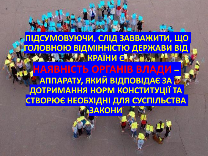  ПІДСУМОВУЮЧИ, СЛІД ЗАВВАЖИТИ, ЩО ГОЛОВНОЮ ВІДМІННІСТЮ ДЕРЖАВИ ВІД КРАЇНИ Є НАЯВНІСТЬ ОРГАНІВ ВЛАДИ – АППАРАТУ, ЯКИЙ ВІДПОВІДАЄ ЗА ДОТРИМАННЯ НОРМ КОНСТИТУЦІЇ ТА СТВОРЮЄ НЕОБХІДНІ ДЛЯ СУСПІЛЬСТВА ЗАКОНИ