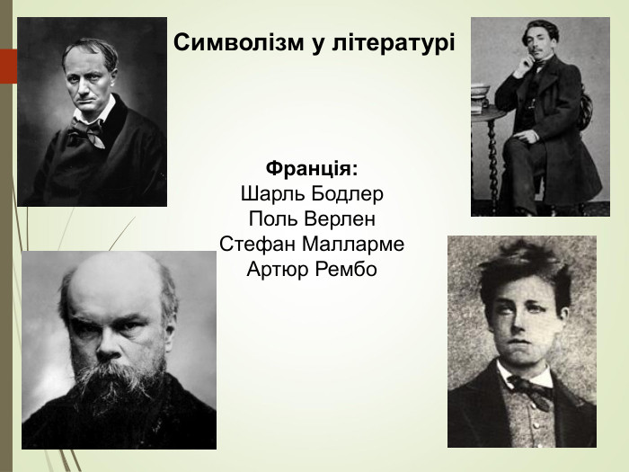 Символізм у літературі Франція: Шарль Бодлер Поль Верлен Стефан Малларме Артюр Рембо 