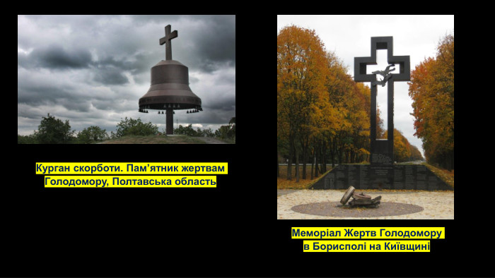 Курган скорботи. Пам’ятник жертвам Голодомору, Полтавська область. Меморіал Жертв Голодомору в Борисполі на Київщині