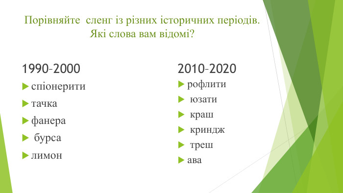 Порівняйте сленг із різних історичних періодів. Які слова вам відомі? 1990–2000спіонерити тачка фанера бурса лимон2010–2020рофлити юзати краш криндж треш ава