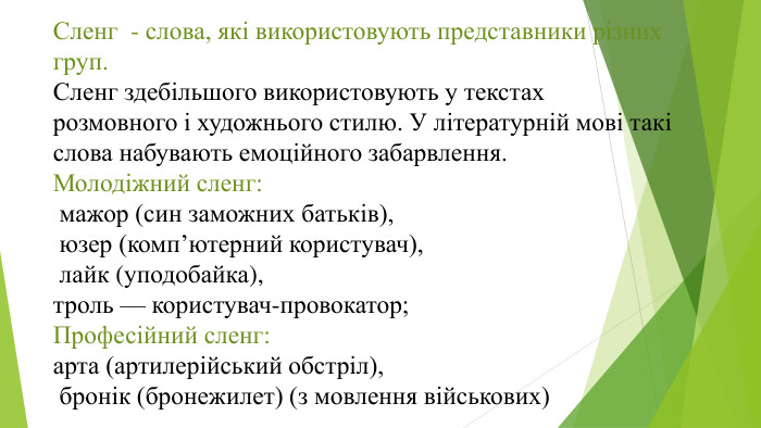 Сленг - слова, які використовують представники різних груп. Сленг здебільшого використовують у текстах розмовного і художнього стилю. У літературній мові такі слова набувають емоційного забарвлення. Молодіжний сленг: мажор (син заможних батьків), юзер (комп’ютерний користувач), лайк (уподобайка), троль — користувач-провокатор; Професійний сленг: арта (артилерійський обстріл), бронік (бронежилет) (з мовлення військових)