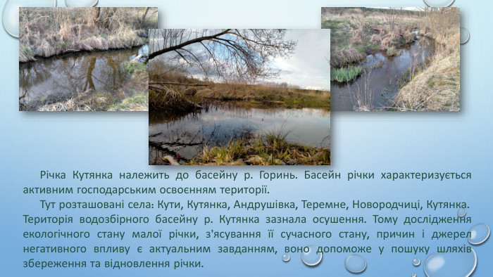  Річка Кутянка належить до басейну р. Горинь. Басейн річки характеризується активним господарським освоєнням території. Тут розташовані села: Кути, Кутянка, Андрушівка, Теремне, Новородчиці, Кутянка. Територія водозбірного басейну р. Кутянка зазнала осушення. Тому дослідження екологічного стану малої річки, з’ясування її сучасного стану, причин і джерел негативного впливу є актуальним завданням, воно допоможе у пошуку шляхів збереження та відновлення річки.