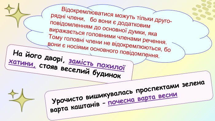  Відокремлюватися можуть тільки друго­рядні члени, бо вони є додатковим повідомленням до основної дум­ки, яка виражається головними членами речення. Тому головні члени не відокремлюються, бо вони є носіями основного повідомлення. На його дворі, за­мість похилої хатини, сто­яв веселий бу­динок Урочисто вишикувалась проспектами зелена варта каштанів – почесна варта весни 