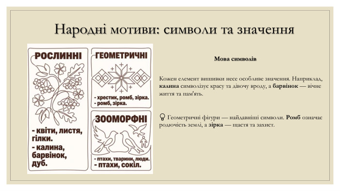 Народні мотиви: символи та значення. Мова символів. Кожен елемент вишивки несе особливе значення. Наприклад, калина символізує красу та дівочу вроду, а барвінок — вічне життя та пам'ять.💡 Геометричні фігури — найдавніші символи. Ромб означає родючість землі, а зірка — щастя та захист.
