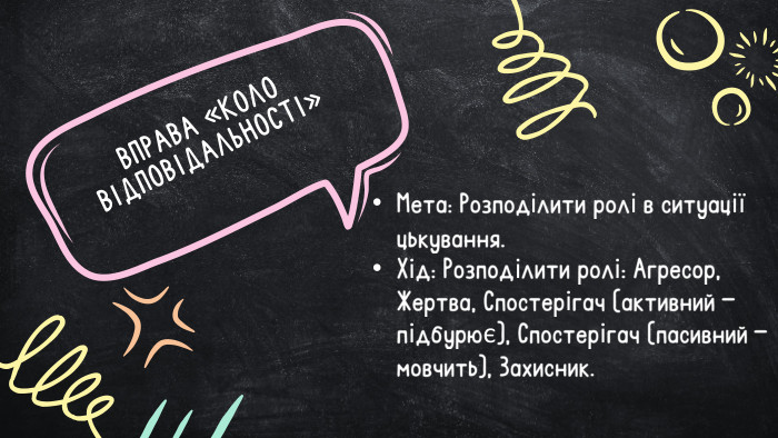 ВПРАВА «КОЛО ВІДПОВІДАЛЬНОСТІ»Мета: Розподілити ролі в ситуації цькування. Хід: Розподілити ролі: Агресор, Жертва, Спостерігач (активний — підбурює), Спостерігач (пасивний — мовчить), Захисник.