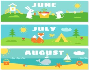 Summer Months Calendar Flashcards Set. vector illustration