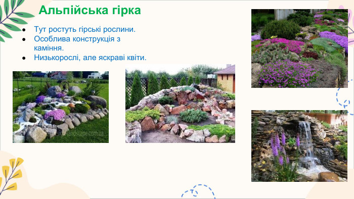 Альпійська гірка. Тут ростуть гірські рослини. Особлива конструкція з каміння. Низькорослі, але яскраві квіти.