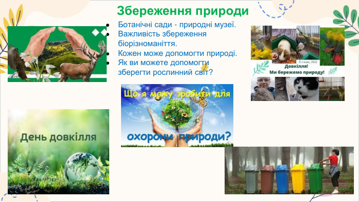 Збереження природи. Ботанічні сади - природні музеї. Важливість збереження біорізноманіття. Кожен може допомогти природі. Як ви можете допомогти зберегти рослинний світ?