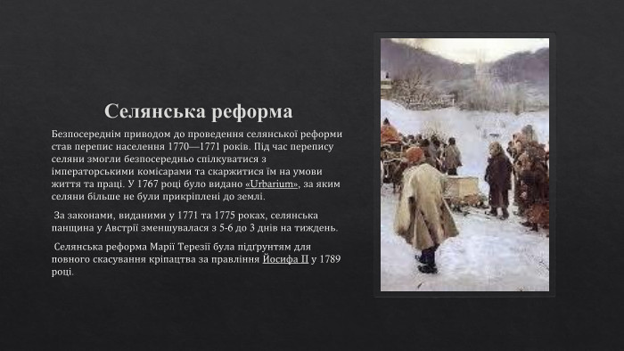 Селянська реформа. Безпосереднім приводом до проведення селянської реформи став перепис населення 1770—1771 років. Під час перепису селяни змогли безпосередньо спілкуватися з імператорськими комісарами та скаржитися їм на умови життя та праці. У 1767 році було видано «Urbarium», за яким селяни більше не були прикріплені до землі. За законами, виданими у 1771 та 1775 роках, селянська панщина у Австрії зменшувалася з 5-6 до 3 днів на тиждень. Селянська реформа Марії Терезії була підґрунтям для повного скасування кріпацтва за правління Йосифа II у 1789 році.