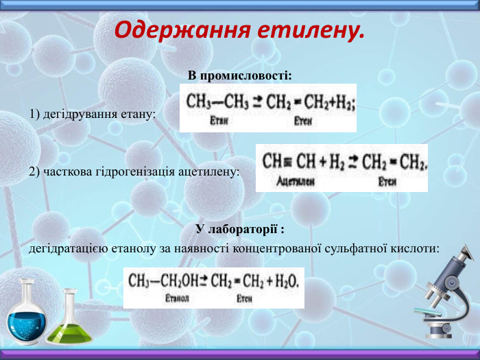 Одержання етилену. В промисловості:1) дегідрування етану:2) часткова гідрогенізація ацетилену: У лабораторії :дегідратацією етанолу за наявності концентрованої сульфатної кислоти: 