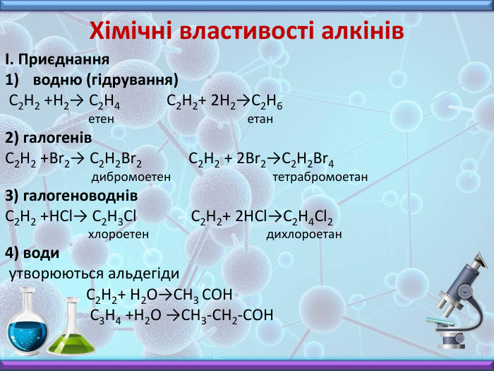 Хімічні властивості алкінів I. Приєднанняводню (гідрування) C2 Н2 +Н2→ C2 Н4 C2 Н2+ 2 Н2→C2 Н6 етен етан 2) галогенів. C2 Н2 +Br2→ C2 Н2 Br2 C2 Н2 + 2 Br2→C2 Н2 Br4 дибромоетен тетрабромоетан3) галогеноводнів. C2 Н2 +HСl→ C2 Н3 Cl C2 Н2+ 2 HCl→C2 Н4 Cl2 хлороетен дихлороетан4) води утворюються альдегіди C2 Н2+ H2 О→CН3 CОН С3 Н4 +Н2 О →СН3-СН2-СОН 