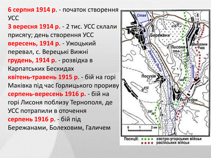 6 серпня 1914 р. - початок створення УСС
3 вересня 1914 р. - 2 тис. УСС склали присягу; день створення УСС
вересень, 1914 р. - Ужоцький перевал, с. Верецькі Вижні
грудень, 1914 р. - розвідка в Карпатських Бескидах
квітень-травень 1915 р. - бій на горі Маківка під час Горлицького прориву
серпень-вересень 1916 р. - бій на горі Лисоня поблизу Тернополя, де УСС потрапили в оточення
серпень 1916 р. - бій під Бережанами, Болеховим, Галичем 