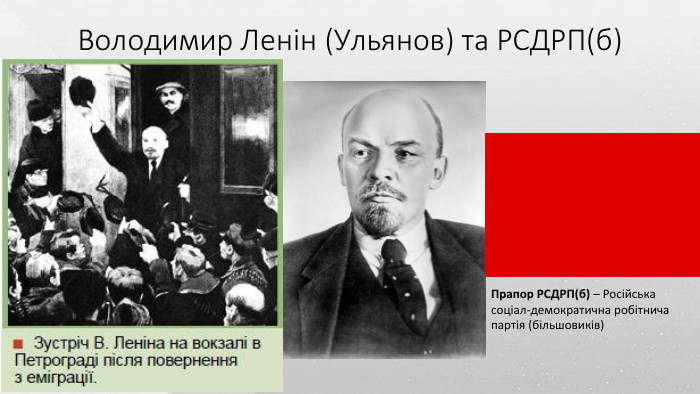 Володимир Ленін (Ульянов) та РСДРП(б)Прапор РСДРП(б) – Російська соціал-демократична робітнича партія (більшовиків)