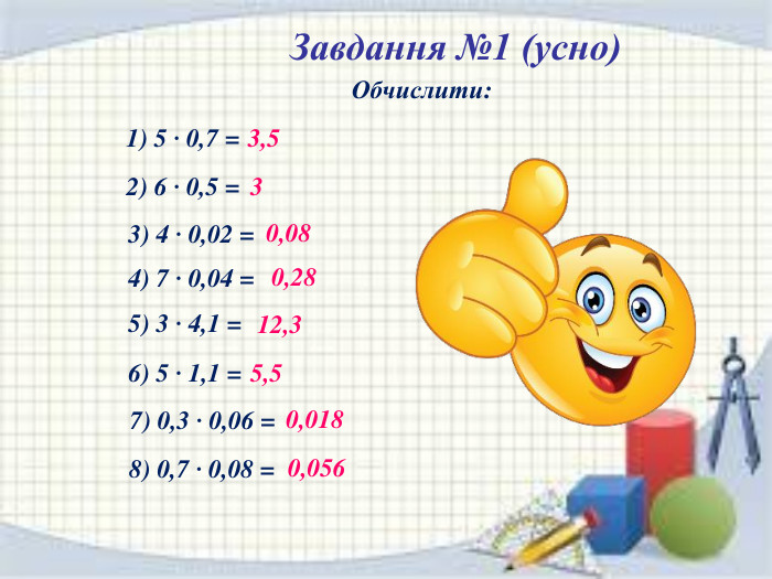 Завдання №1 (усно) Обчислити:1) 5 · 0,7 = 3,52) 6 · 0,5 = 33) 4 · 0,02 = 0,084) 7 · 0,04 = 0,285) 3 · 4,1 = 12,36) 5 · 1,1 = 5,57) 0,3 · 0,06 = 0,0188) 0,7 · 0,08 = 0,056