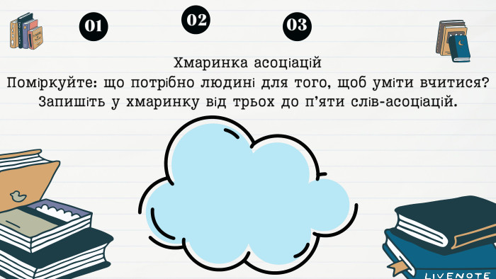010203 Хмаринка асоціацій Поміркуйте: що потрібно людині для того, щоб уміти вчитися? Запишіть у хмаринку від трьох до п’яти слів-асоціацій.