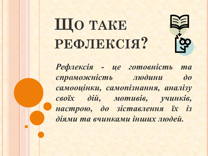 Що таке рефлексія?Рефлексія - це готовність та спроможність людини до самооцінки, самопізнання, аналізу своїх дій, мотивів, учинків, настрою, до зіставлення їх із діями та вчинками інших людей.