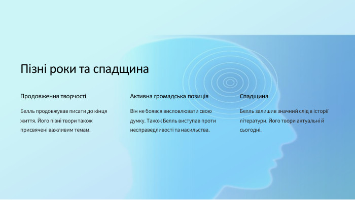 Пізні роки та спадщина. Продовження творчостіБелль продовжував писати до кінця життя. Його пізні твори також присвячені важливим темам. Активна громадська позиція. Він не боявся висловлювати свою думку. Також Белль виступав проти несправедливості та насильства. Спадщина. Белль залишив значний слід в історії літератури. Його твори актуальні й сьогодні.