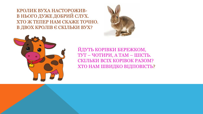 Кролик вуха насторожив-В нього дуже добрий слух. Хто ж тепер нам скаже точно. В двох кролів є скільки вух? Йдуть корівки бережком, Тут – чотири, а там – шість. Скільки всіх корівок разом? Хто нам швидко відповість? 