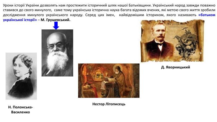 Уроки історії України дозволять нам простежити історичний шлях нашої Батьківщини. Український народ завжди поважно ставився до свого минулого, саме тому українська історична наука багата відомих вчених, які метою свого життя зробили дослідження минулого українського народу. Серед цих імен, найвідомішим істориком, якого називають «батьком української історії» – М. Грушевський. Д. Яворницький. Нестор Літописець. Н. Полонська-Василенко