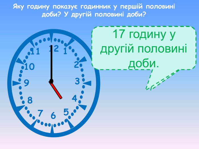 5 годину у першій половині доби. 1 2 3 4 5 6 7 8 9 10 11 12 17 годину у другій половині доби. Яку годину показує годинник у першій половині доби? У другій половині доби? 