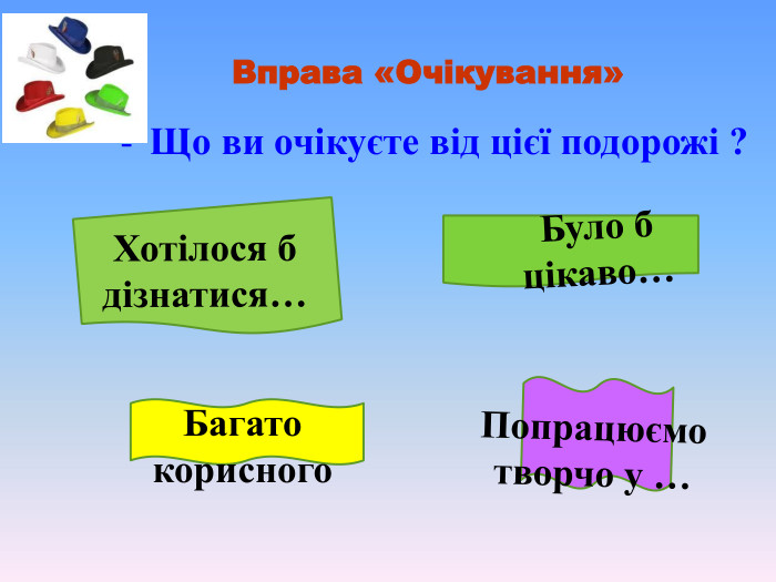 Вправа «Очікування» Що ви очікуєте від цієї подорожі ?  Багато  корисного   Було б  цікаво… Попрацюємо творчо у … Хотілося б дізнатися… 