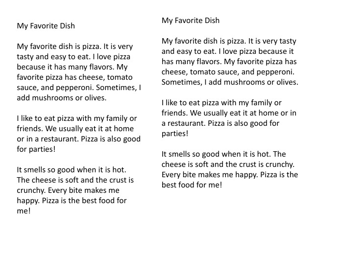 My Favorite Dish My favorite dish is pizza. It is very tasty and easy to eat. I love pizza because it has many flavors. My favorite pizza has cheese, tomato sauce, and pepperoni. Sometimes, I add mushrooms or olives. I like to eat pizza with my family or friends. We usually eat it at home or in a restaurant. Pizza is also good for parties! It smells so good when it is hot. The cheese is soft and the crust is crunchy. Every bite makes me happy. Pizza is the best food for me!My Favorite Dish My favorite dish is pizza. It is very tasty and easy to eat. I love pizza because it has many flavors. My favorite pizza has cheese, tomato sauce, and pepperoni. Sometimes, I add mushrooms or olives. I like to eat pizza with my family or friends. We usually eat it at home or in a restaurant. Pizza is also good for parties! It smells so good when it is hot. The cheese is soft and the crust is crunchy. Every bite makes me happy. Pizza is the best food for me!