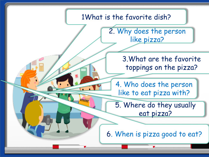 1 What is the favorite dish? 2. Why does the person like pizza? 3. What are the favorite toppings on the pizza?4. Who does the person like to eat pizza with? 5. Where do they usually eat pizza? 6. When is pizza good to eat? 