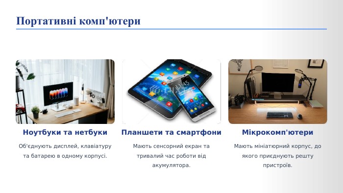 Ноутбуки та нетбуки. Об'єднують дисплей, клавіатуру та батарею в одному корпусі. Планшети та смартфони. Мають сенсорний екран та тривалий час роботи від акумулятора. Мікрокомп'ютери. Мають мініатюрний корпус, до якого приєднують решту пристроїв. Портативні комп'ютери