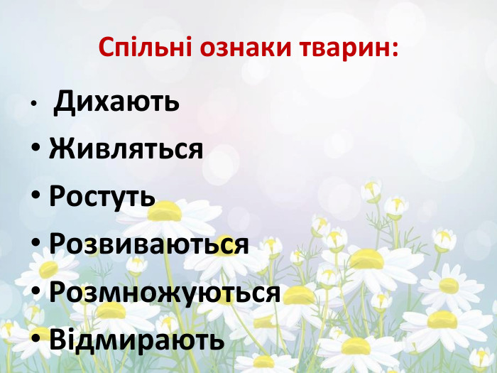 Спільні ознаки тварин: Дихають. Живляться. Ростуть. Розвиваються. Розмножуються. Відмирають