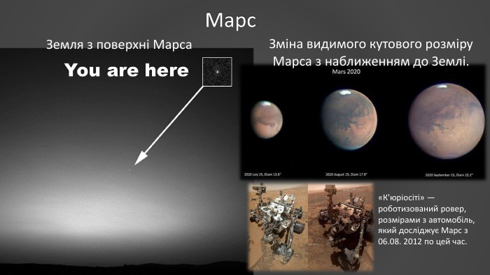 Марс. Земля з поверхні Марса. Зміна видимого кутового розміру Марса з наближенням до Землі. «К'юріосіті» — роботизований ровер, розмірами з автомобіль, який досліджує Марс з 06.08. 2012 по цей час.