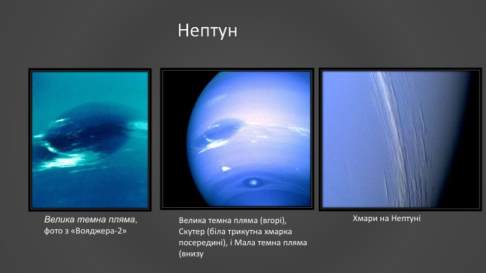 Велика темна пляма (вгорі), Скутер (біла трикутна хмарка посередині), і Мала темна пляма (внизу. Нептун. Хмари на НептуніВелика темна пляма, фото з «Вояджера-2»
