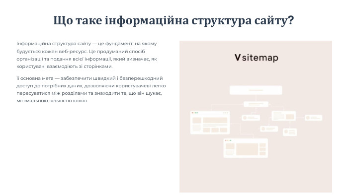 Що таке інформаційна структура сайту?Інформаційна структура сайту — це фундамент, на якому будується кожен веб-ресурс. Це продуманий спосіб організації та подання всієї інформації, який визначає, як користувачі взаємодіють зі сторінками.Її основна мета — забезпечити швидкий і безперешкодний доступ до потрібних даних, дозволяючи користувачеві легко пересуватися між розділами та знаходити те, що він шукає, мінімальною кількістю кліків.
