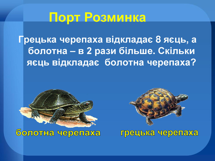 Грецька черепаха відкладає 8 яєць, а болотна – в 2 рази більше. Скільки яєць відкладає болотна черепаха?болотна черепахагрецька черепаха. Порт Розминка