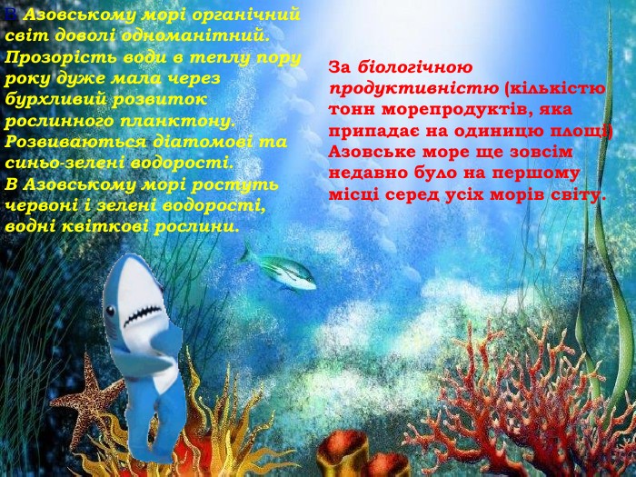 В Азовському морі органічний світ доволі одноманітний. Прозорість води в теплу пору року дуже мала через бурхливий розвиток рослинного планктону. Розвиваються діатомові та синьо-зелені водорості. В Азовському морі ростуть червоні і зелені водорості, водні квіткові рослини. За біологічною продуктивністю (кількістю тонн морепродуктів, яка припадає на одиницю площі) Азовське море ще зовсім недавно було на першому місці серед усіх морів світу.