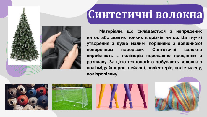 Синтетичні волокна Матеріали, що складаються з непрядених ниток або довгих тонких відрізків нитки. Це гнучкі утворення з дуже малим (порівняно з довжиною) поперечним перерізом. Синтетичні волокна виробляють з полімерів переважно прядінням з розплаву. За цією технологією добувають волокна з поліаміду (капрон, нейлон), поліестерів, поліетилену, поліпропілену. 