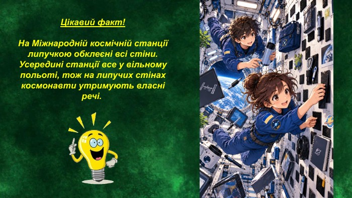 Цікавий факт!На Міжнародній космічній станції липучкою обклеєні всі стіни. Усередині станції все у вільному польоті, тож на липучих стінах космонавти утримують власні речі. 