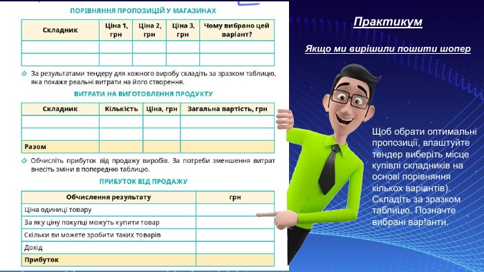 Практикум. Якщо ми вирішили пошити шопер. Щоб обрати оптимальні пропозиції, влаштуйте тендер виберіть місце купівлі складників на основі порівняння кількох варіантів). Складіть за зразком таблицю. Позначте вибрані вар!анти. 