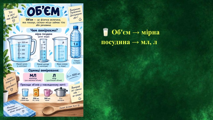 🥛 Об'єм → мірна посудина → мл, л